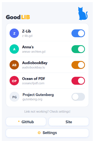 GoodLib popup with source toggles